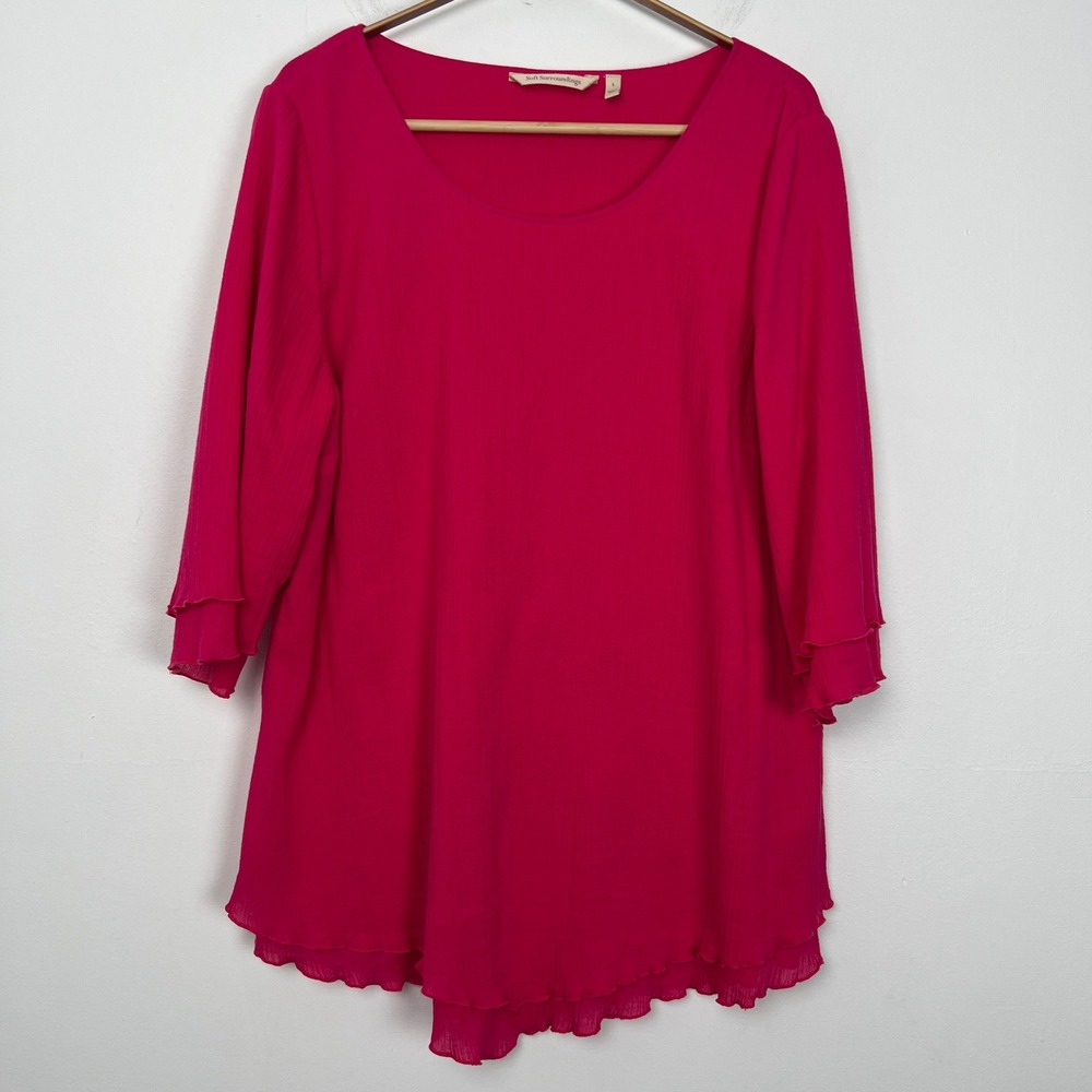 Soft Surroundings Magenta Pink Cotton Crinkle Tunic Ruffle Sleeve Top L 2FW37 - Picture 2 of 9